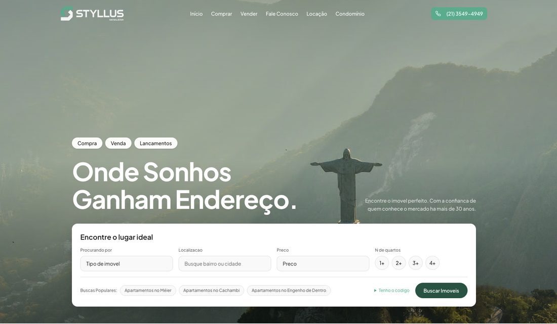 Styllus homepage with Rio de Janeiro hero image and property search module