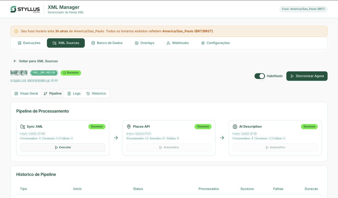 XML Manager pipeline view showing the three processing stages -- Sync XML, Places API, and AI Description -- each marked as successful
